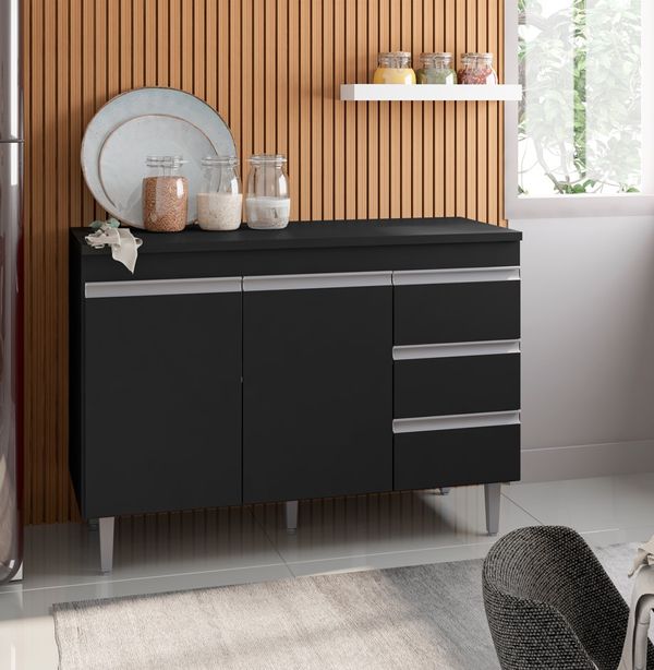 Balcão Cozinha com Tampo 120cm 3 Gavetas Leticia Preto A01 - D'Rossi