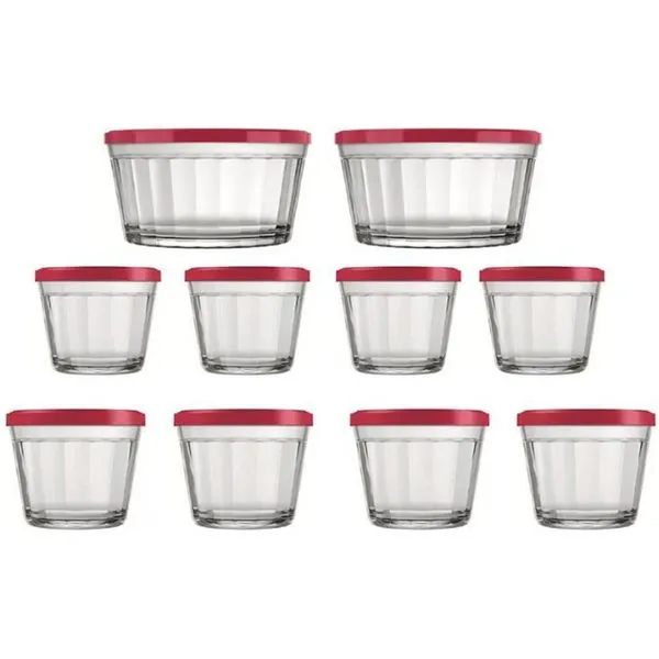 Conjunto de Tigelas Copo Americano em Vidro com Tampa de Plástico 10 Peças Vermelho com Transparente
