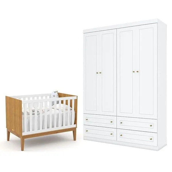 Berço Americano Unique Freijó Branco Soft Eco Wood - Matic E Guarda Roupa Infantil Americano 4 Porta Branco Hp - Henn
