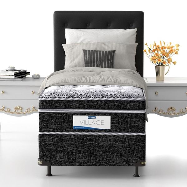 Cama Box de Solteiro Probel Village D28 com Molas Pocket e Pillow Euro 68x88x188cm Branco com Preto