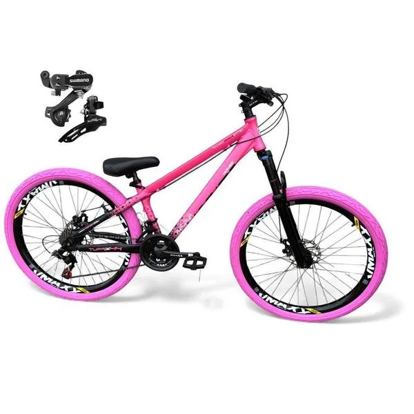 Bicicleta aro26 Vikingx Tuff X44 Câmbios Shimano 21v FreioDisco FreerideVmaxx Pneu Flame RosaPreto