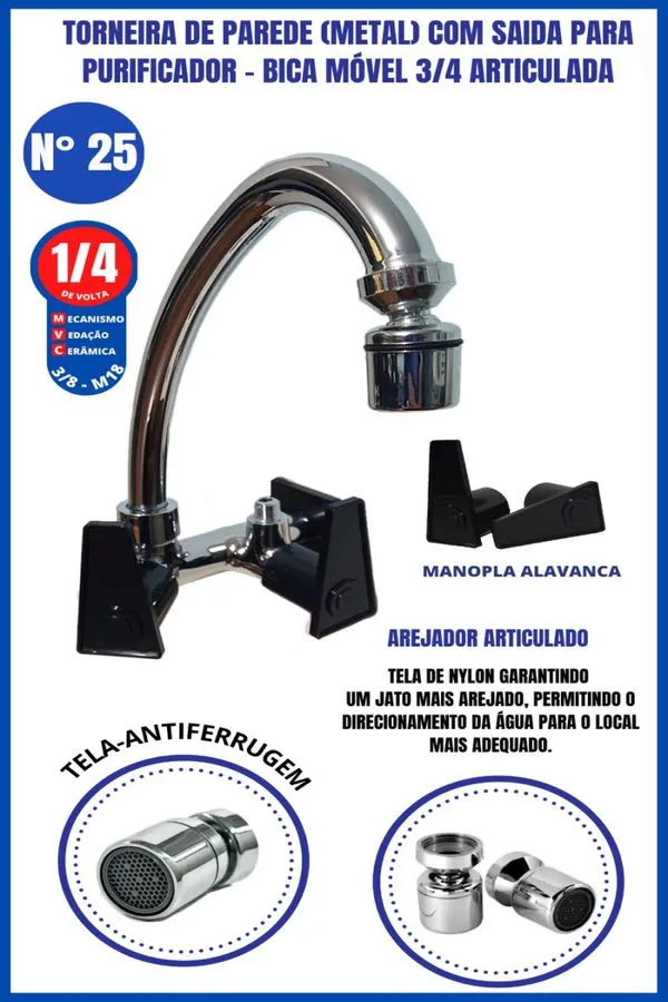 Torneira De Parede Metal Com Saída Para Purificador - Bica Removível 3/4 Articulada