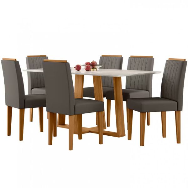 Mesa de Jantar Retangular New Ceval Amsterdam com 6 Cadeiras Estofadas e Revestidas Ypê, Off White e Cappuccino