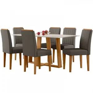 Mesa de Jantar Retangular New Ceval Amsterdam com 6 Cadeiras Estofadas e Revestidas Ypê, Off White e Cappuccino