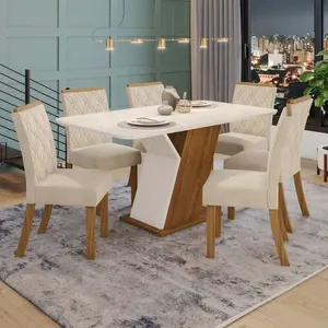 Conjunto Sala De Jantar Tampo Mdf Com Vidro Canto Arredondado 160 Cm 06 Cadeiras Lupita Casa 812 Nature Com Off White E Linho