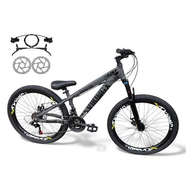 Bicicleta aro26 VikingxTuff Freio Hidráulico 21v Freeride RodasVmaxx Suspensão Pneu Flame CinzaPreto