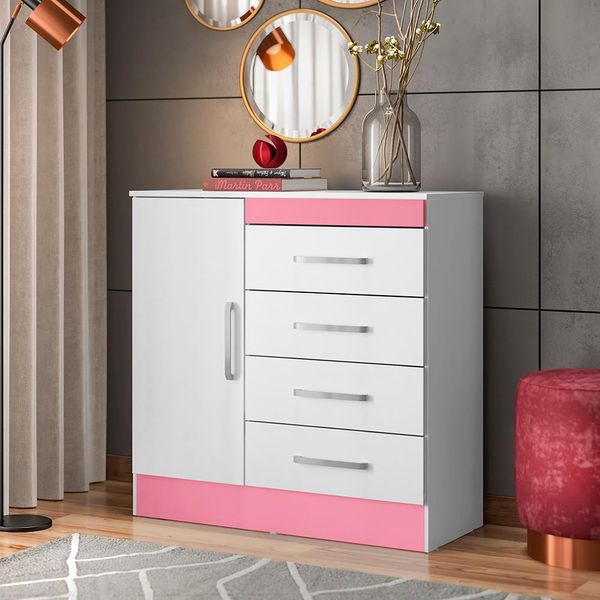 Cômoda Montevidéu com 4 Gavetas e 1 Porta Demóbile Branco com Rosa