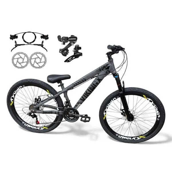 Bicicleta aro26 Vikingx Tuff Câmbios Shimano Freio Hidráulico 21v Freeride aroVmaxx Flame CinzaPreto