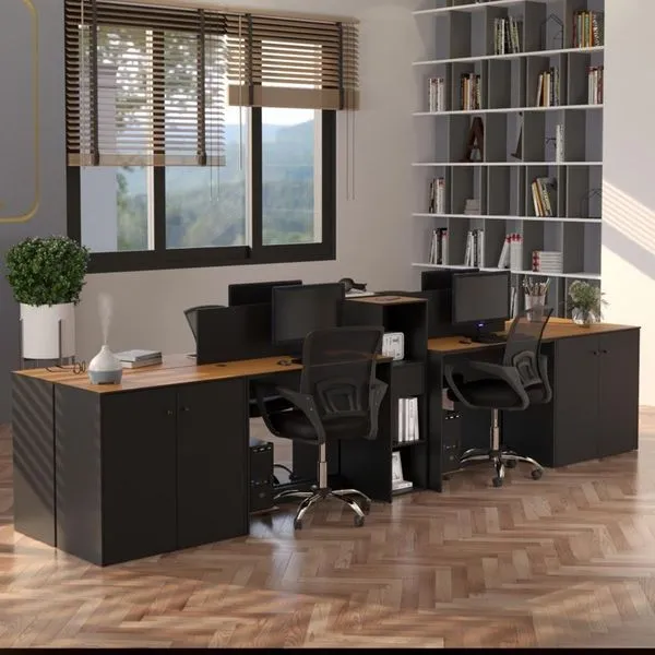 Estação De Trabalho 4 Lugares Office Tech 4 Mesas 2 Armários - Preto E Cedro Preto E Cedro