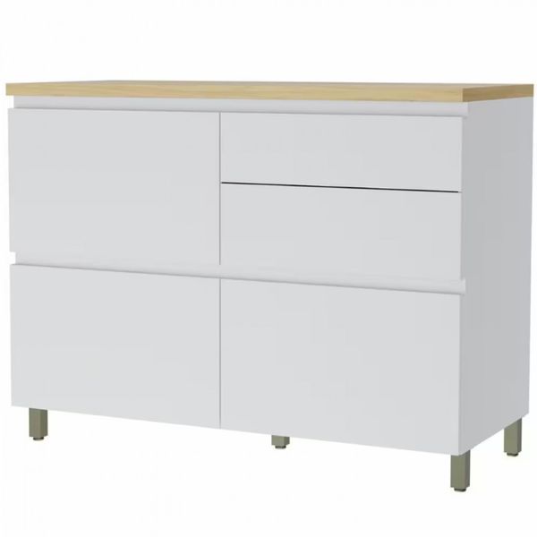 Balcão Nesher Rainha em MDF 15mm com 1 Porta, 4 Gavetas e 1 Prateleira - 120cm de largura Branco com Nature