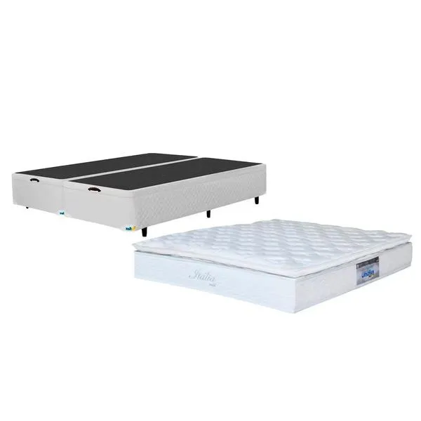 Cama Box Queen Size MGA Universal com Baú e Pistão a Gás + Colchão Umaflex Itália com Pillow Top e Molas Ensacadas Bege e Branco