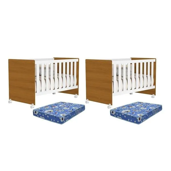 Kit Gêmeos Berço Mel Branco/savana Com Colchões Baby Physical - Reller Móveis Branco/savana