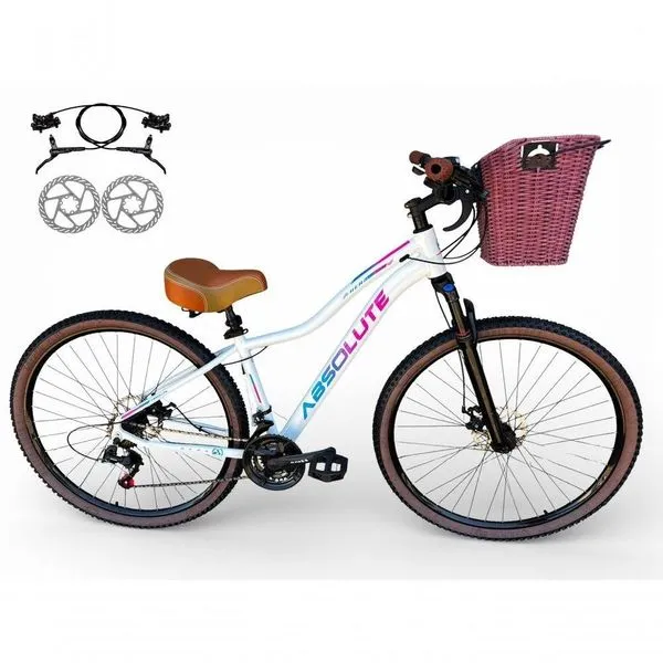 Bicicleta Aro 29 Feminina Absolute Hera Retrô Vintage 21v Hidráulica Selim Confortável Cesta Branco Tamano 15