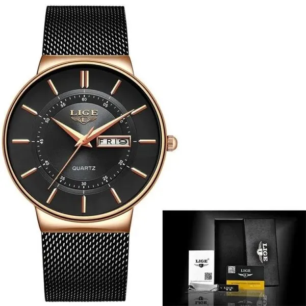 Relógio de Quartzo Ultrafino Impermeável Masculino com Pulseira de Aço Rosa ouro preto