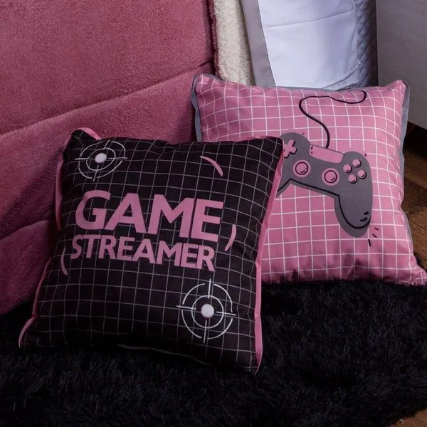 Par De Almofadas Cheias Estampadas Gamer Preto/rosê 45cm X 45cm Com Zíper E Viés Enchimento Silicone