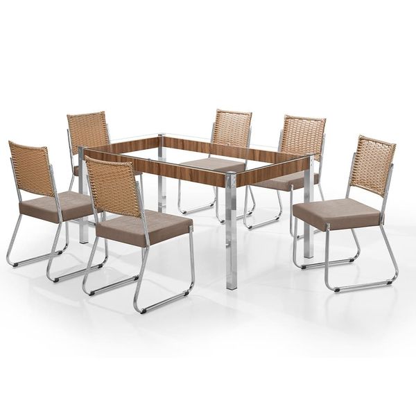 Mesa de Jantar Aço Nobre Claudia com Tampo Kanon e 6 Cadeiras Bege e Nogal