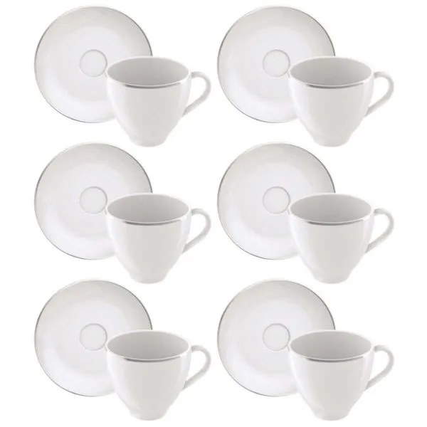 Jogo 6 Xícaras de Café com Pires Porcelana 100ml Tramontina Atena Branca Mesa Posta Chá