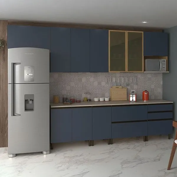 Cozinha Completa Bartira Cristal com 9 Portas, 7 Gavetas, 8 Prateleiras, 1 Nicho Lâmina de Mel/Azul Royal