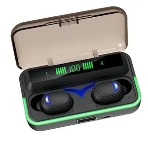 Fone de Ouvido Preto TWS À Prova de Suor e Base Carregadora Power Bank
