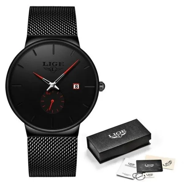 Relógio de Quartzo Masculino casual Aço Impermeável Preto vermelho