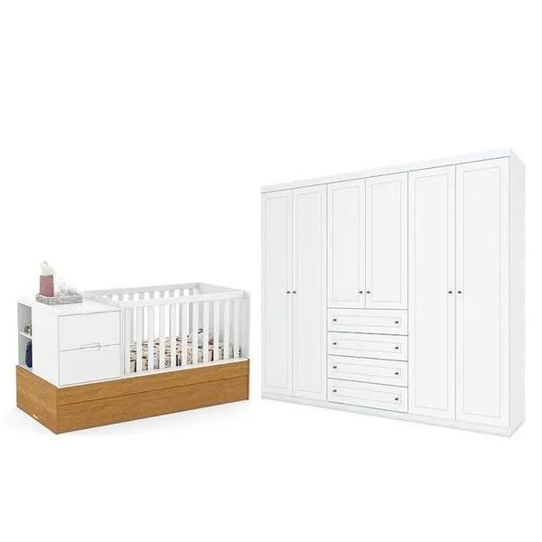 Berço Americano Multifuncional Formare Branco Freijó - Matic E Guarda Roupa Casal Americano 6 Portas Branco Hp - Henn