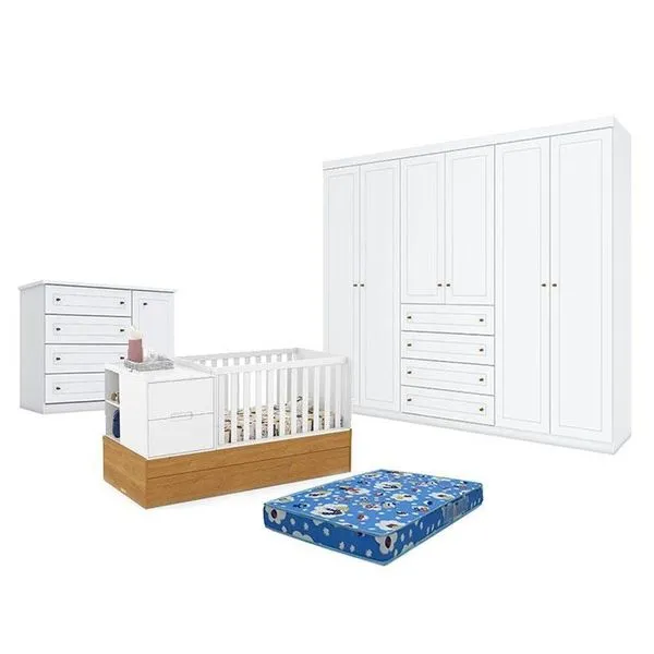 Quarto De Bebê Americano 6 Portas Com Berço Americano Multifuncional Formare Branco Freijó - Matic E Colchão Ortobom