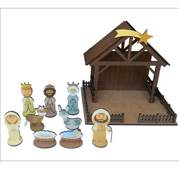 Presépio de Natal Pequeno em MDF 4mm Colorido 19x15x18cm Montável com Caixa