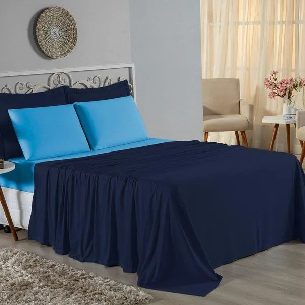 Jogo De Cama Casal Nobre 4 Peças Lençol Com Elástico De 30cm De Altura Malha 100% Algodão - Azul-marinho / Turquesa