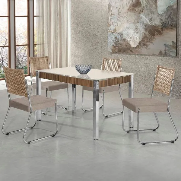 Mesa de Jantar Aço Nobre Claudia com Tampo Kanon e 4 Cadeiras Bege/Nogal/Off White