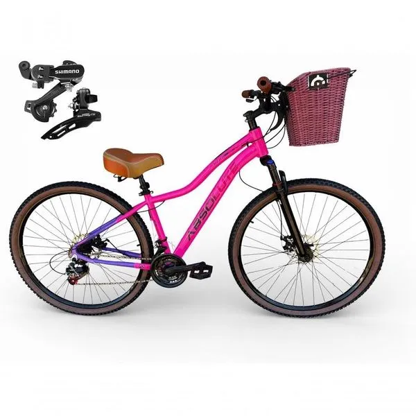 Bicicleta Aro 29 Feminina Absolute Hera Retrô Vintage 21v Shimano Selim Confortável Cesta Rosa-lilas Tamano 17