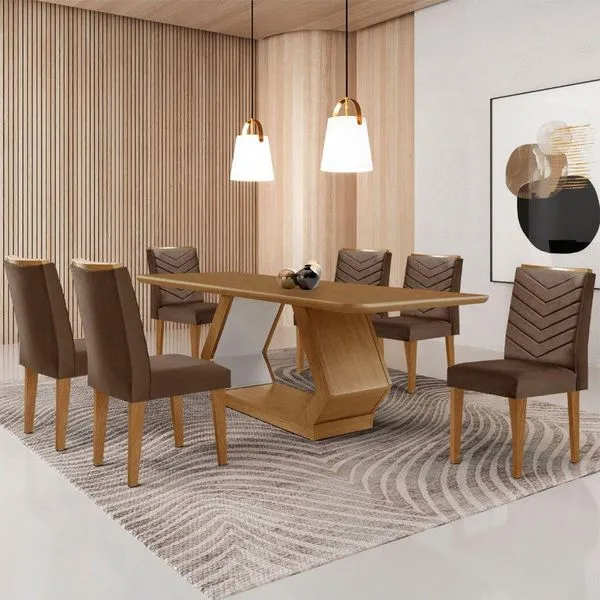 Mesa Sala De Jantar Alvorada 180cm E 6 Cadeiras Liz Moderna Veludo Marrom/off White/imbuia