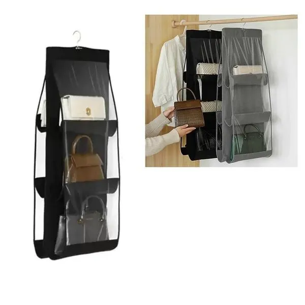 Organizador De Bolsa Cabideiro Para Guarda Roupa Armário Com 6 Bolsos Divisórias Transparente Prateleira