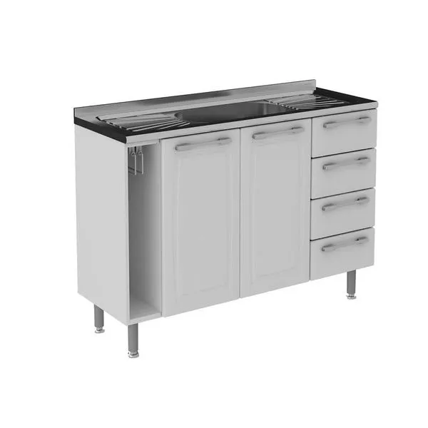 Balcão Diamante 4 Gavetas 2 Portas e Pia Inox 120cm Itatiaia Branco