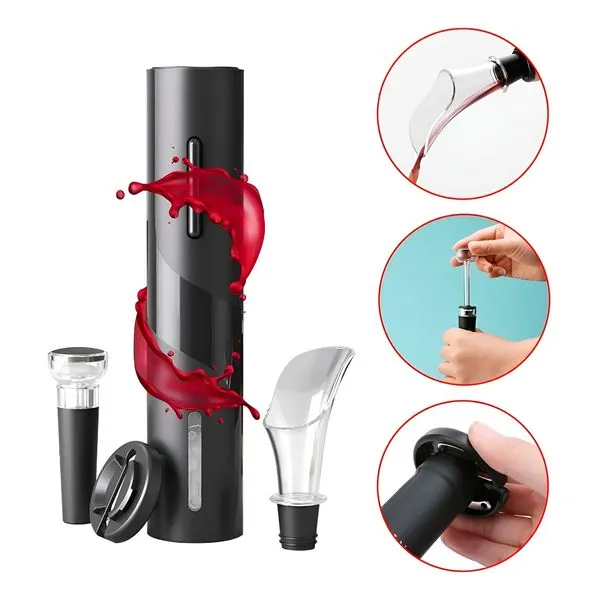 Conjunto Elétrico para Garrafas com Abridor Automático, Aerador e Rolha de Vedação – Elegância e Praticidadeo