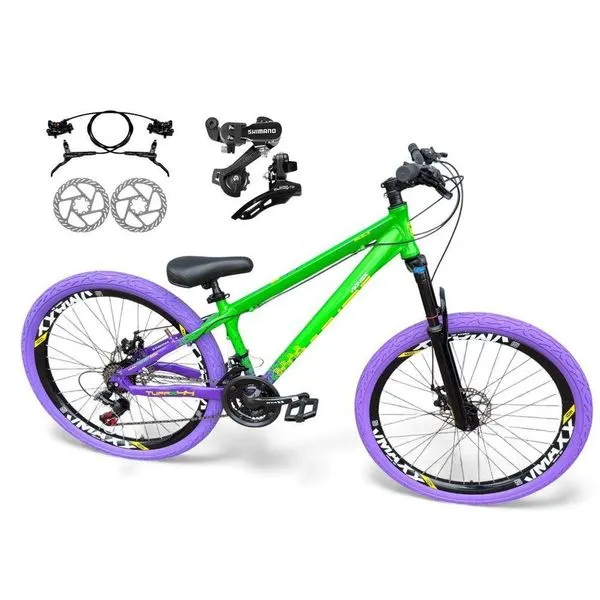 Bicicleta aro26 Vikingx Tuff X44 Câmbios Shimano 21v Freio Hidráulico Freeride Pneu Flame VerdeRoxo