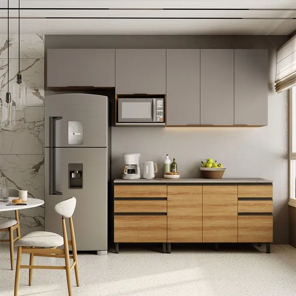 Cozinha Bartira Cristal com 7 Portas, 6 Gavetas, 4 Prateleiras e Nicho para Micro-ondas - 260cm de largura Lâmina Mel/Nude