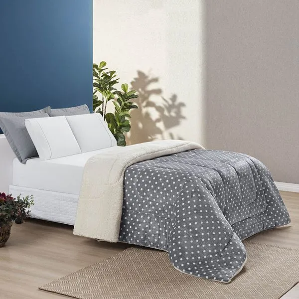 Edredom Coberdrom Romantico Poá Queen Sherpa e Manta Flannel - Cinza