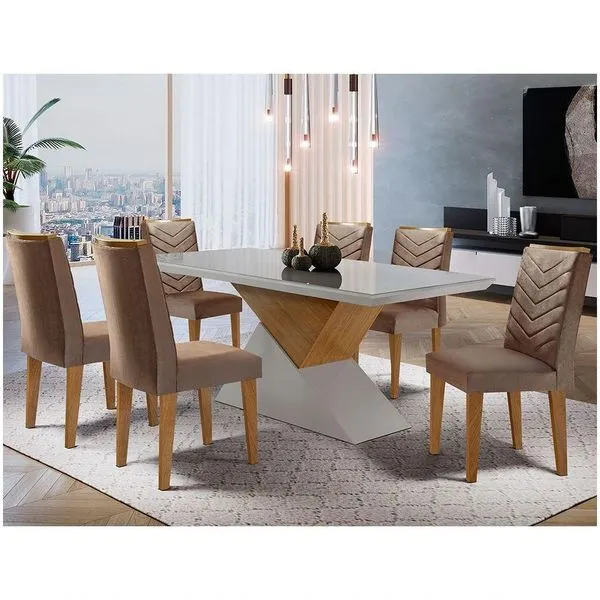 Mesa Tampo Mdf E Vidro 6 Cadeiras Marrom, Off White E Imbuia
