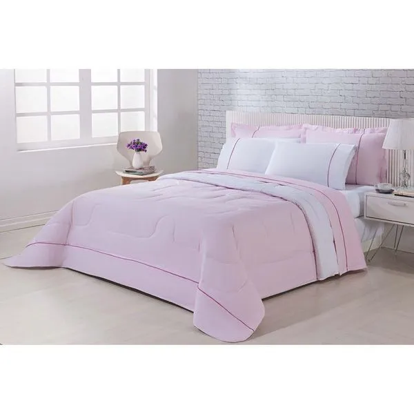 Kit Edredom 100% Algodão Percal 150 Fios Dupla Face Queen Gran Moratta 3 Peças - Rosa-branco. - Qualidade Impecável