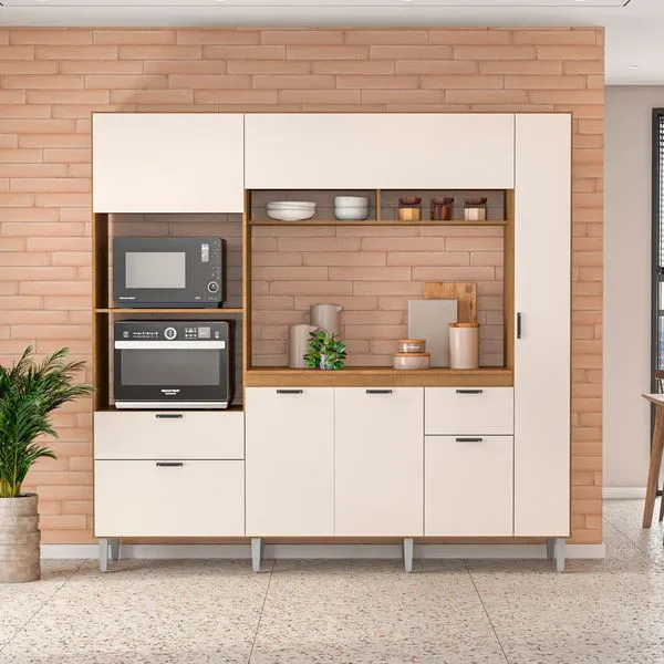Cozinha Compacta Politorno Mov Lyon MDP com 7 Portas, 2 Gavetas e 1 Prateleira 217 cm de largura Freijó com Off White