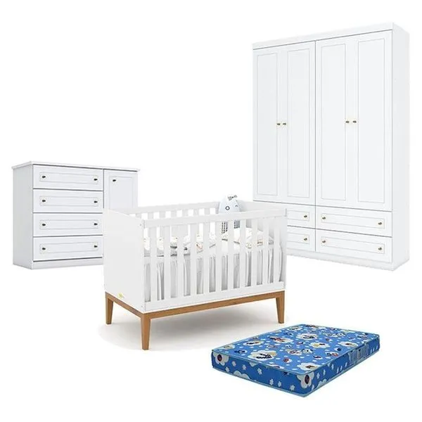 Quarto De Bebê Americano 4 Portas Com Berço Americano Unique Branco Soft Eco Wood - Matic - Henn E Colchão Ortobom