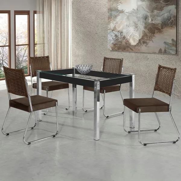 Mesa de Jantar Aço Nobre Cláudia com Tampo Kanon e 4 Cadeiras Preto/Chocolate/Marrom