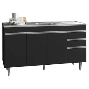 Balcão Gabinete Com Pia Inox 150Cm 3 Portas Andréia Preto