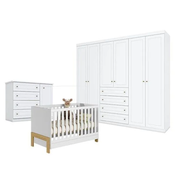 Quarto De Bebê Americano 6 Portas Com Berço Americano Mini Cama Fantasia Branco Acetinado - Qmovi - Henn