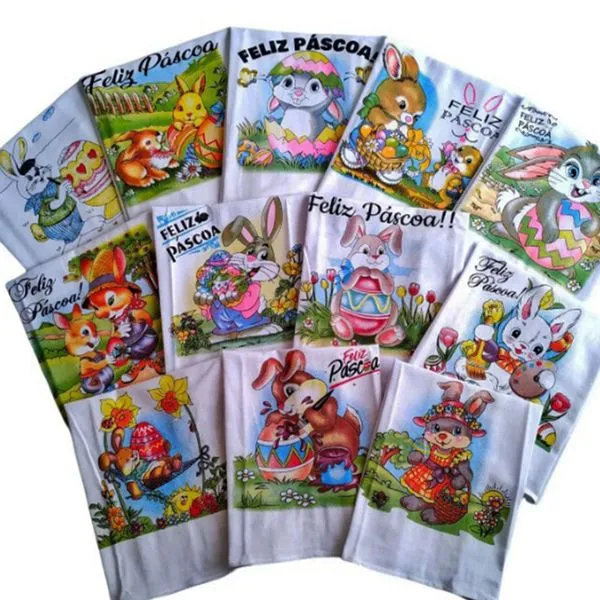 Pano De Prato Lomaer Sacaria Estampado Pascoa com Glitter 6Und Branco