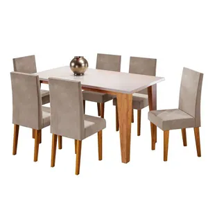 Mesa de Jantar Retangular Viero Milão com 6 Cadeiras Vênus Estofadas e Revestidas Mel/Blonde/Pérola