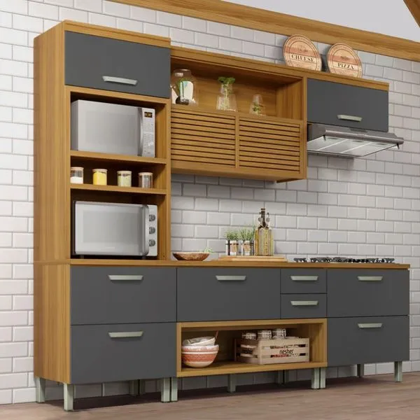 Cozinha Completa em MDF Nesher Princesa com 6 Portas 4 Gavetas e 12 Prateleiras Freijo e Grafite