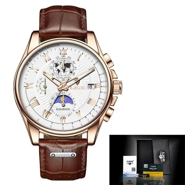 Relógio De Pulso De Couro Militar Masculino Cronógrafo Ouro branco