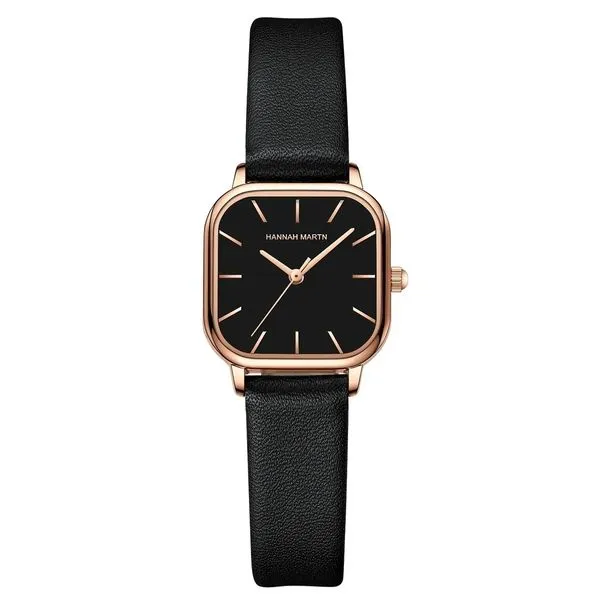Relógio Quadrado Feminino Hannah Martin 1759 Pulseira de Couro Preto
