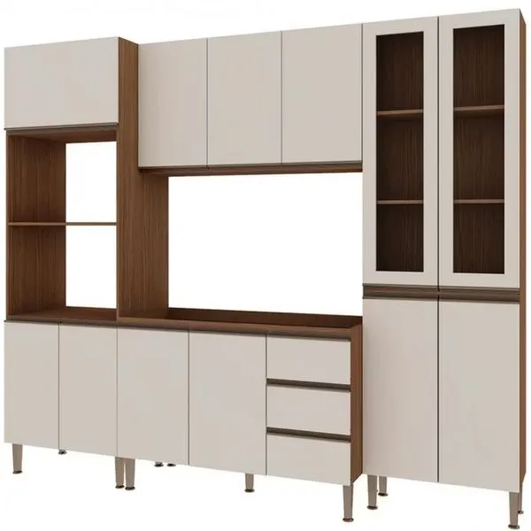 Cozinha Compacta Genialflex Bambu com 12 Portas, 3 Gavetas e 7 Prateleiras 260cm de largura Ébano com Off White